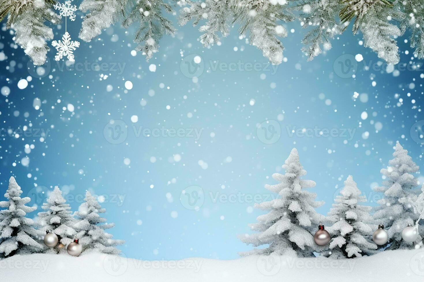 AI generated christmas bokeh effect background with pine branches, cones, and space for inscription photo