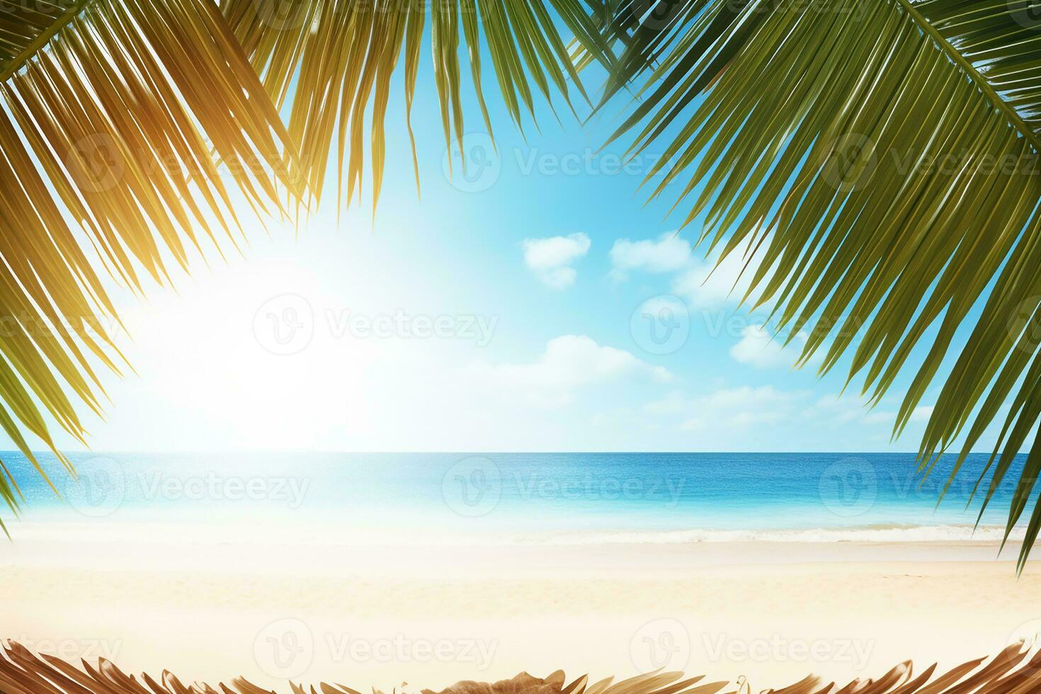 AI generated Abstract blur defocused background. Tropical summer beach with golden sand, turquoise ocean and blue sky with white clouds on bright sunny day. Colorful landscape for summer photo
