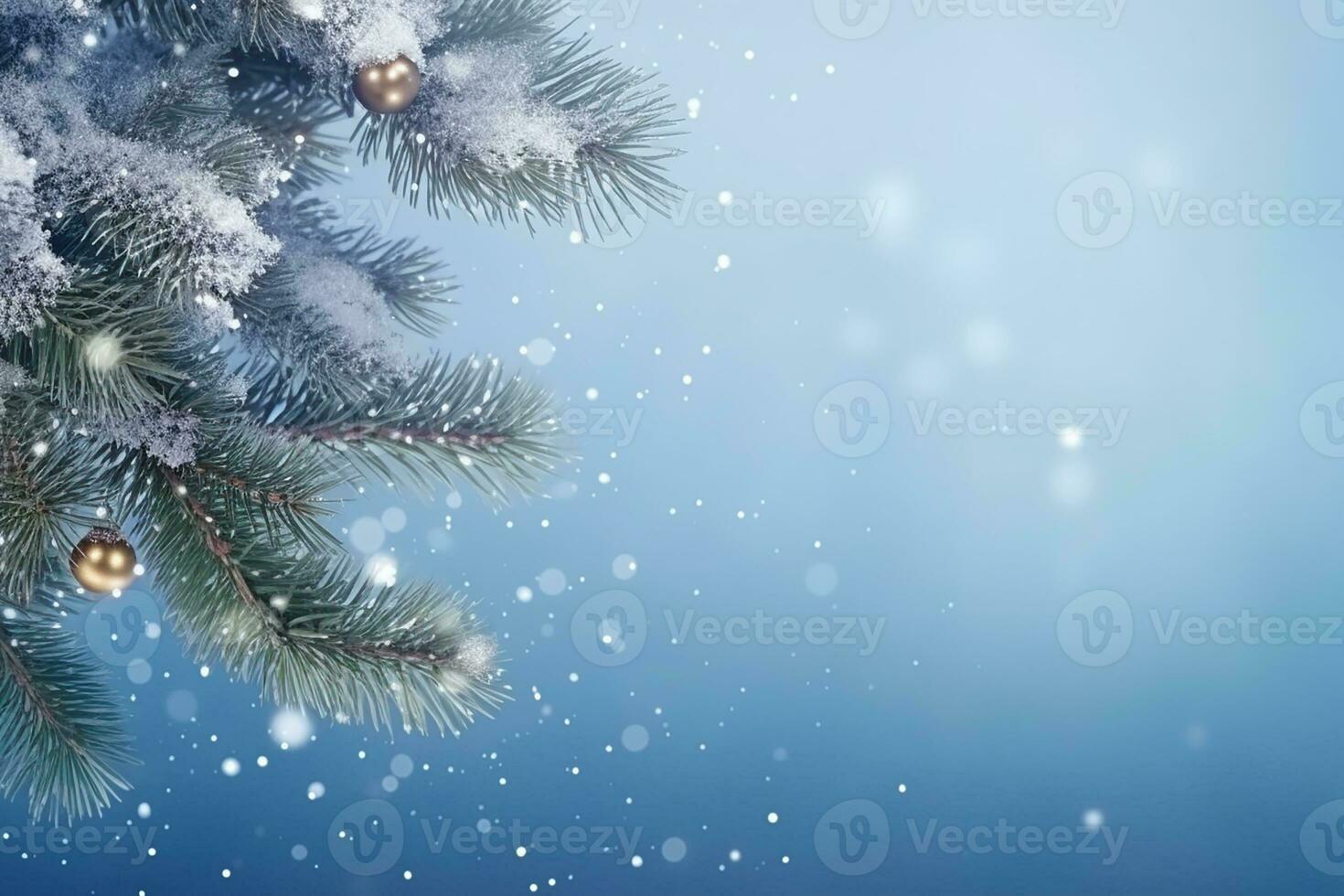 AI generated christmas bokeh effect background with pine branches, cones, and space for inscription photo