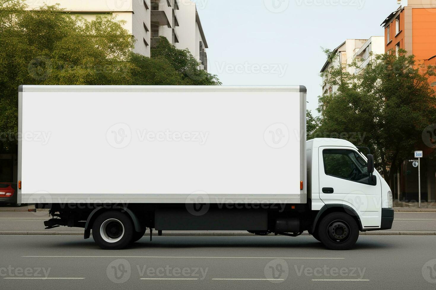 ai generado limpiar blanco blanco entrega , lado ver de llanura coche carga portador con grande espacio para diseño, transporte logística Bosquejo foto