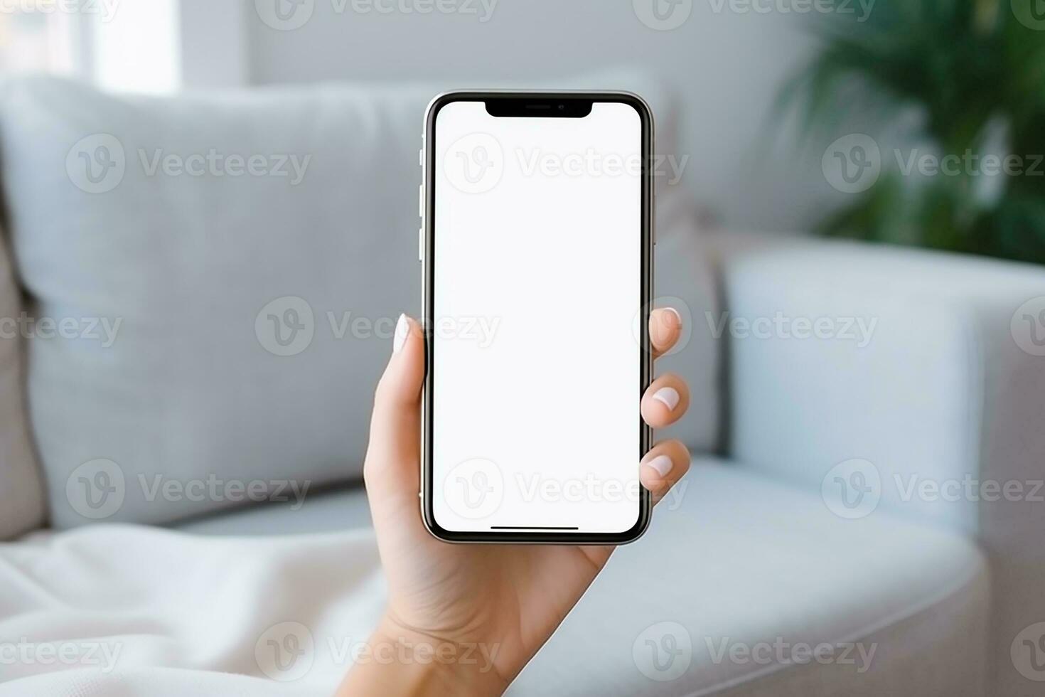 AI generated empty white blank man smartphone holding mockup photo