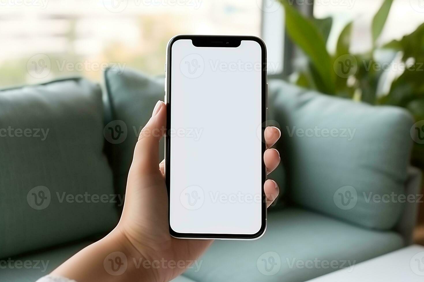 AI generated empty white blank man smartphone holding mockup photo