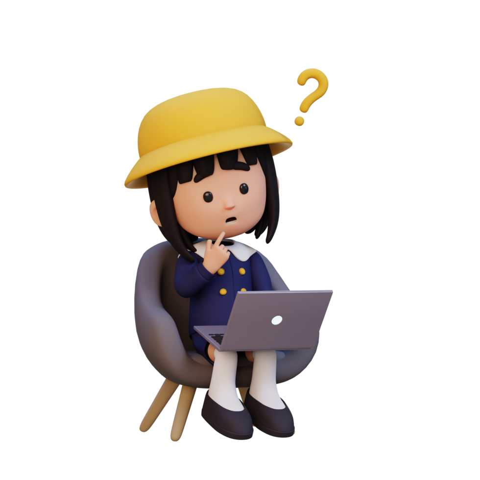 3D cute girl character confused on a laptop png