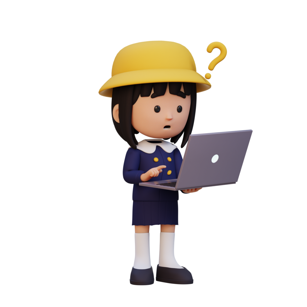 3D cute girl character confused on a laptop png