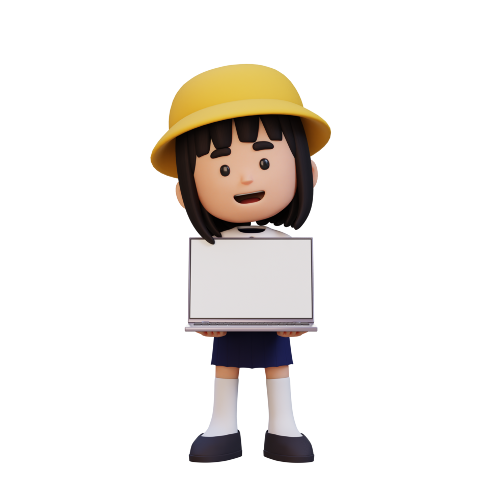 3d niña personaje participación y presentación a un ordenador portátil con vacío pantalla png