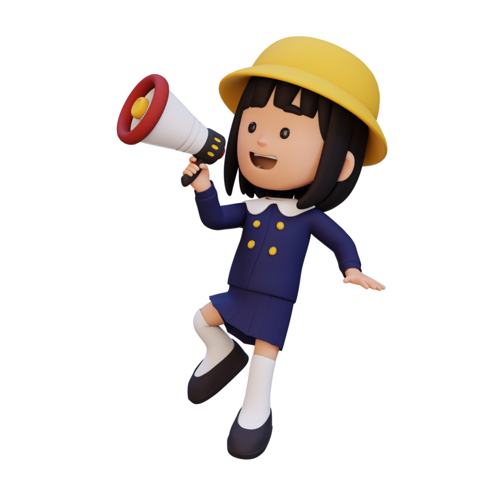 3D cute girl Character jumping and talking on Megaphone png