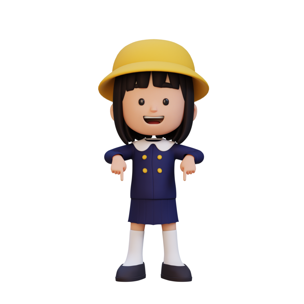 3D cute girl pointing hand to bottom png