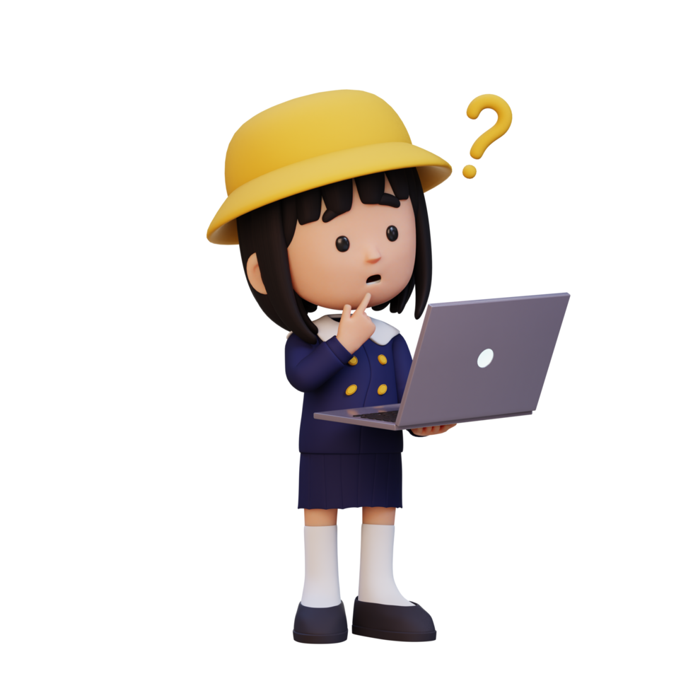 3D cute girl character confused on a laptop png