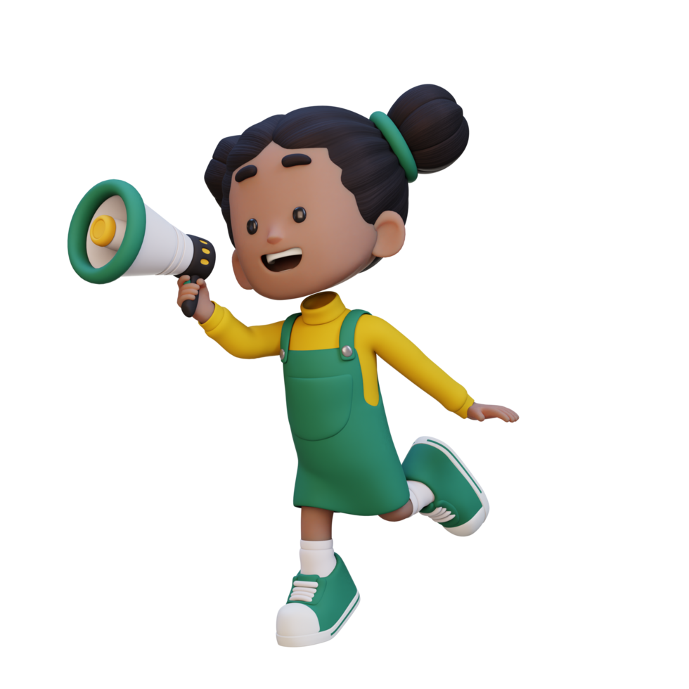 3D cute girl Character jumping and talking on Megaphone png
