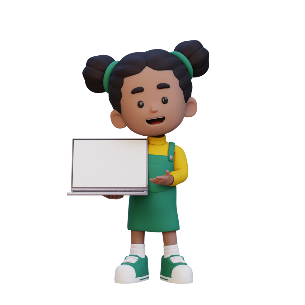 3D girl Character Holding and Presenting to a Laptop with Empty Screen png