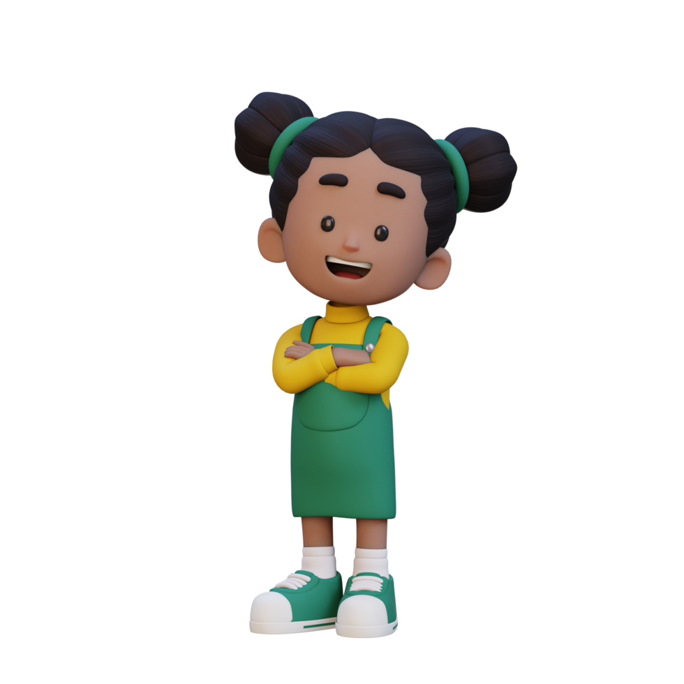 3D cute girl character in confident pose crossed hand png