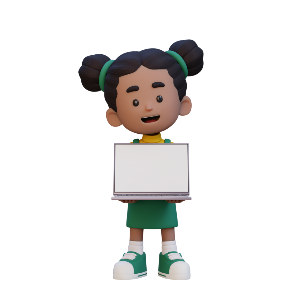 3d menina personagem segurando e apresentando para uma computador portátil com esvaziar tela png