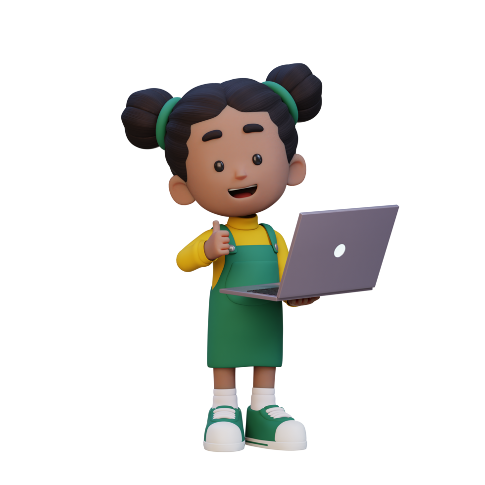 3D cute girl character give a thumb up while holding a laptop png