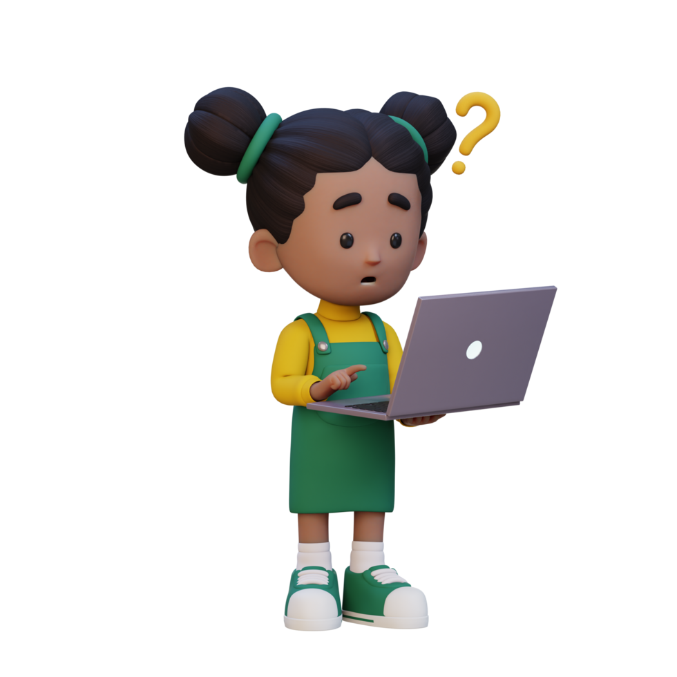 3D cute girl character confused on a laptop png