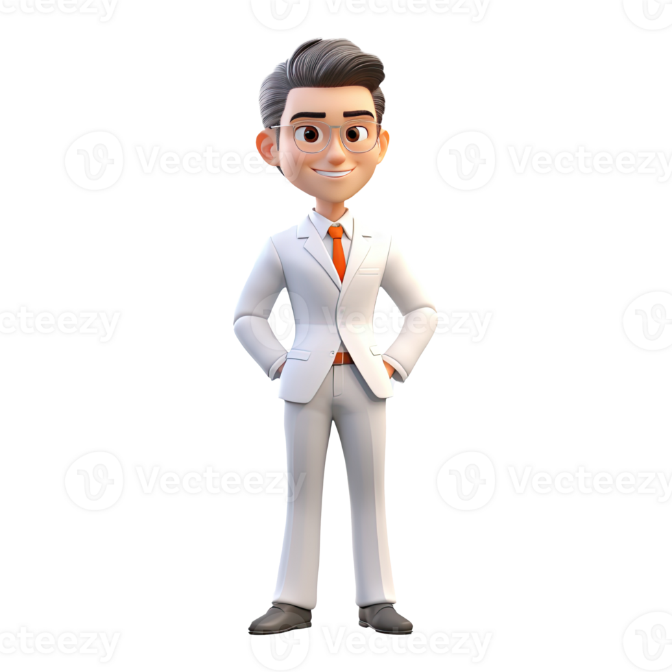 AI generated 3D cartoon man in white suit. Businessman character on transparent background png