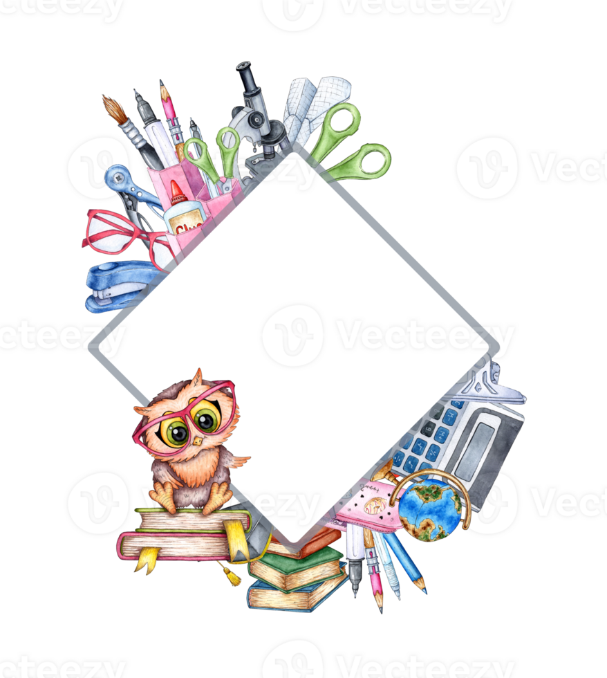 Watercolor illustration in diamond frame with students, school supplies, equipment, stationery and owl. Back to school. Education concept isolated. hand drawn. png