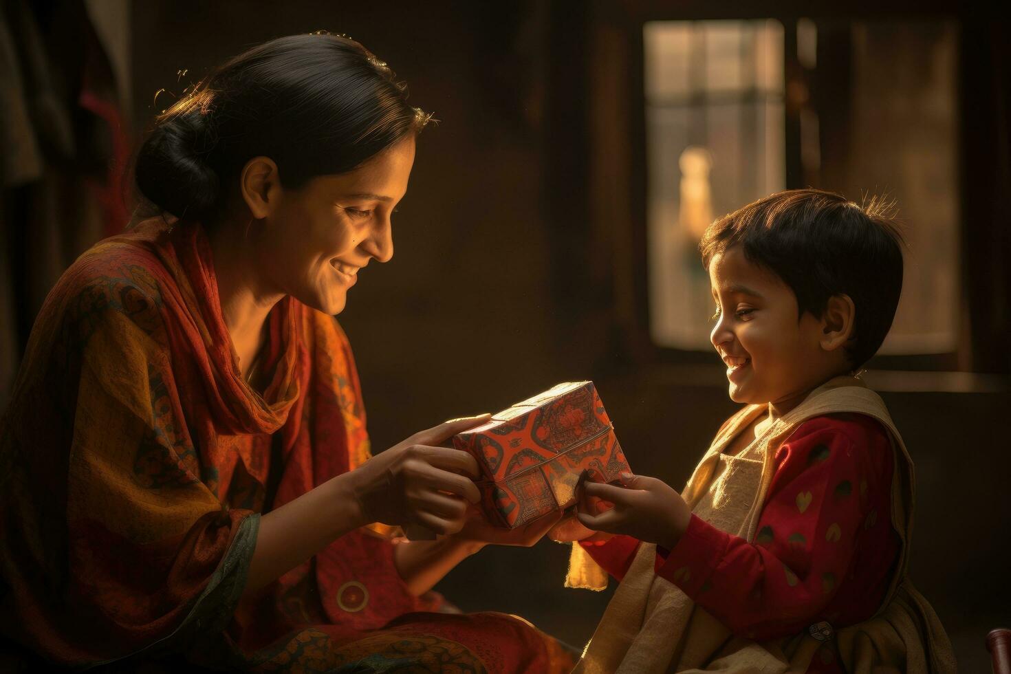 AI generated Mother and daughter opening a gift box in the courtyard of their home, A child presenting a handmade gift to their mother, AI Generated photo