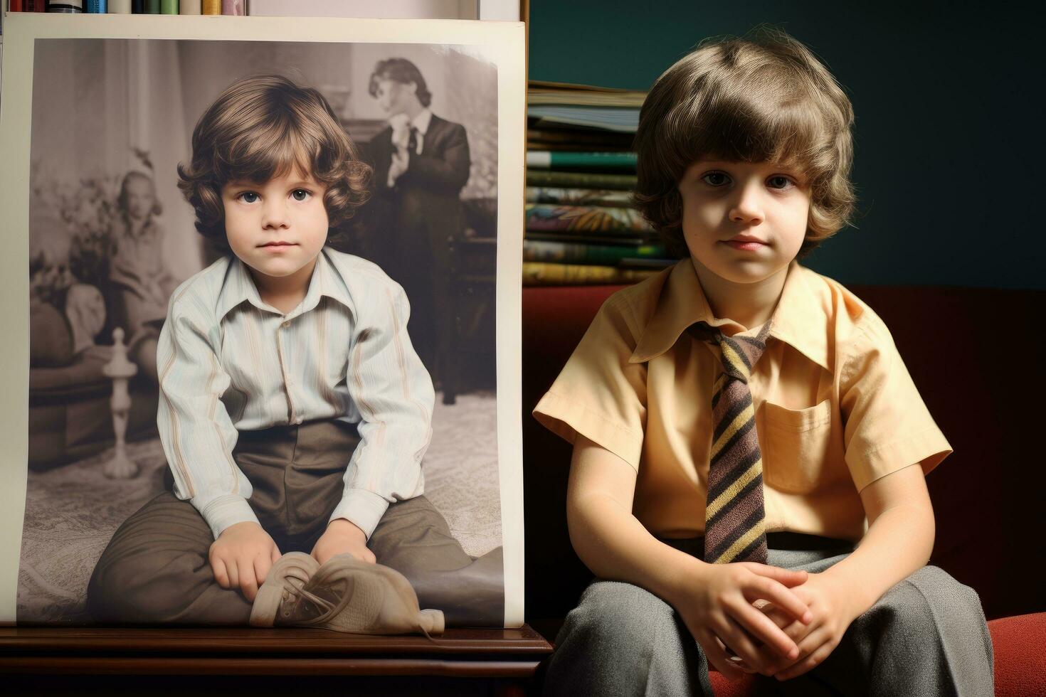 AI generated Portrait of a boy in a shirt and tie with a picture in his hands, A childhood picture re-created by grown-up children for mom, AI Generated photo