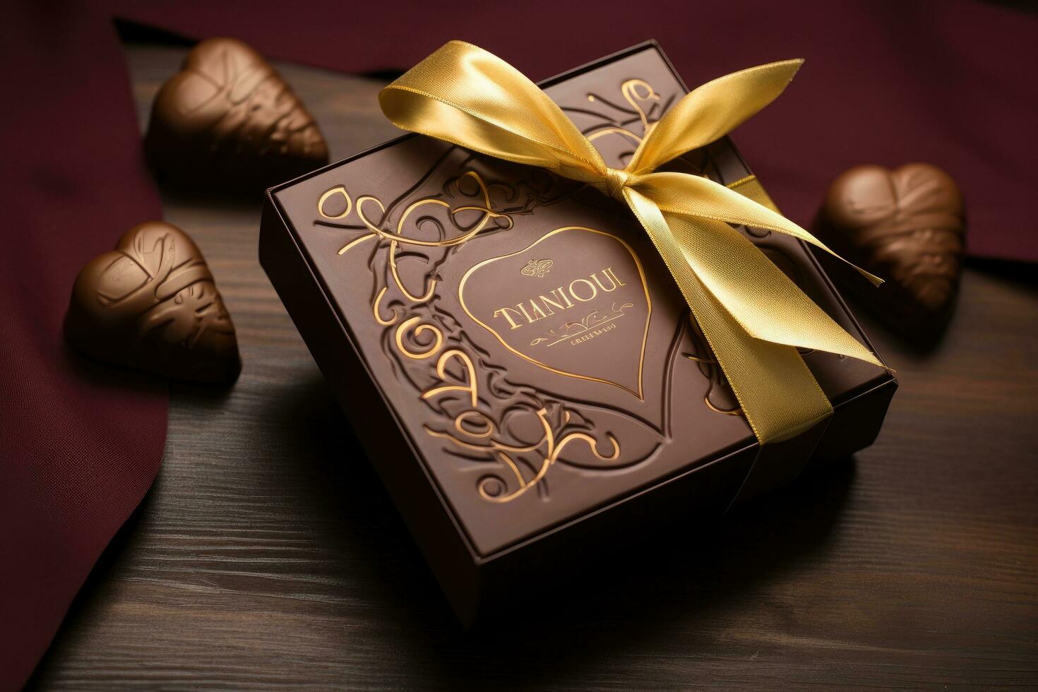 ai generado chocolates en el forma de corazones en un oscuro de madera fondo, un chocolate marrón San Valentín día regalo caja con un oro inscripción, ai generado foto