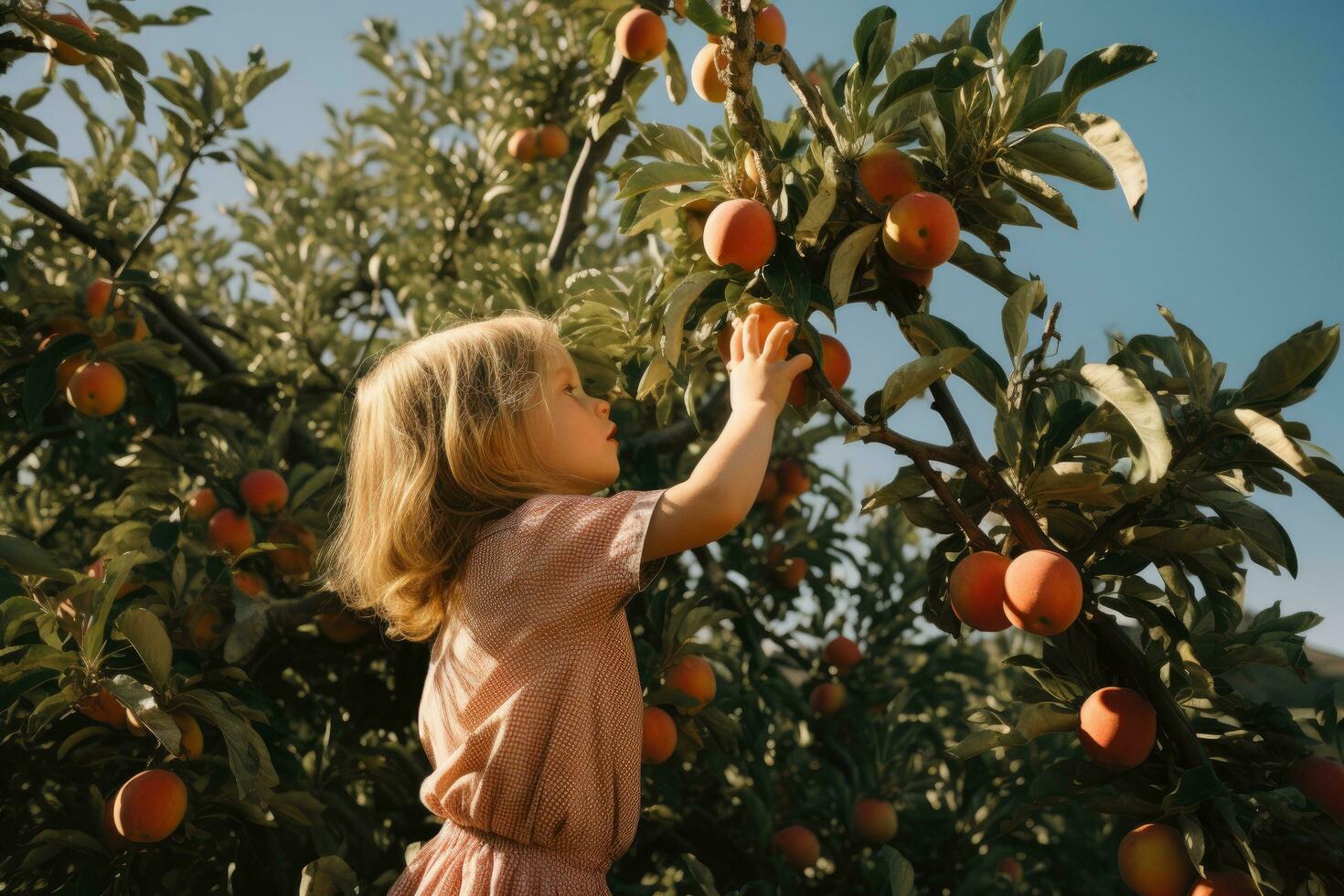 AI generated Little girl picking ripe persimmon in orchard on sunny day, A child reaching for an organic peach on a tree, AI Generated photo