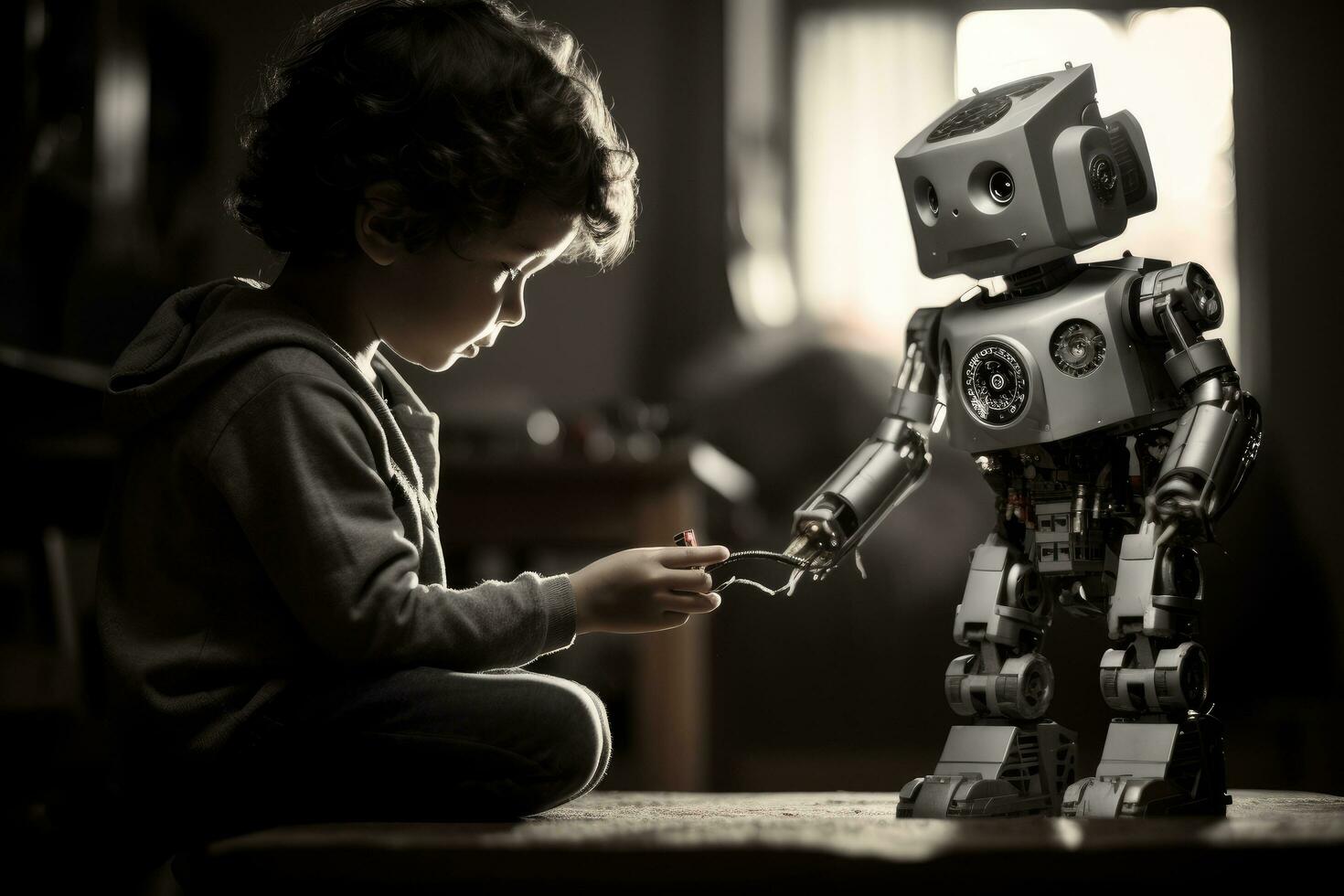 AI generated Cute little boy playing with toy robot at home, black and white, A child playing with a toy robot, AI Generated photo