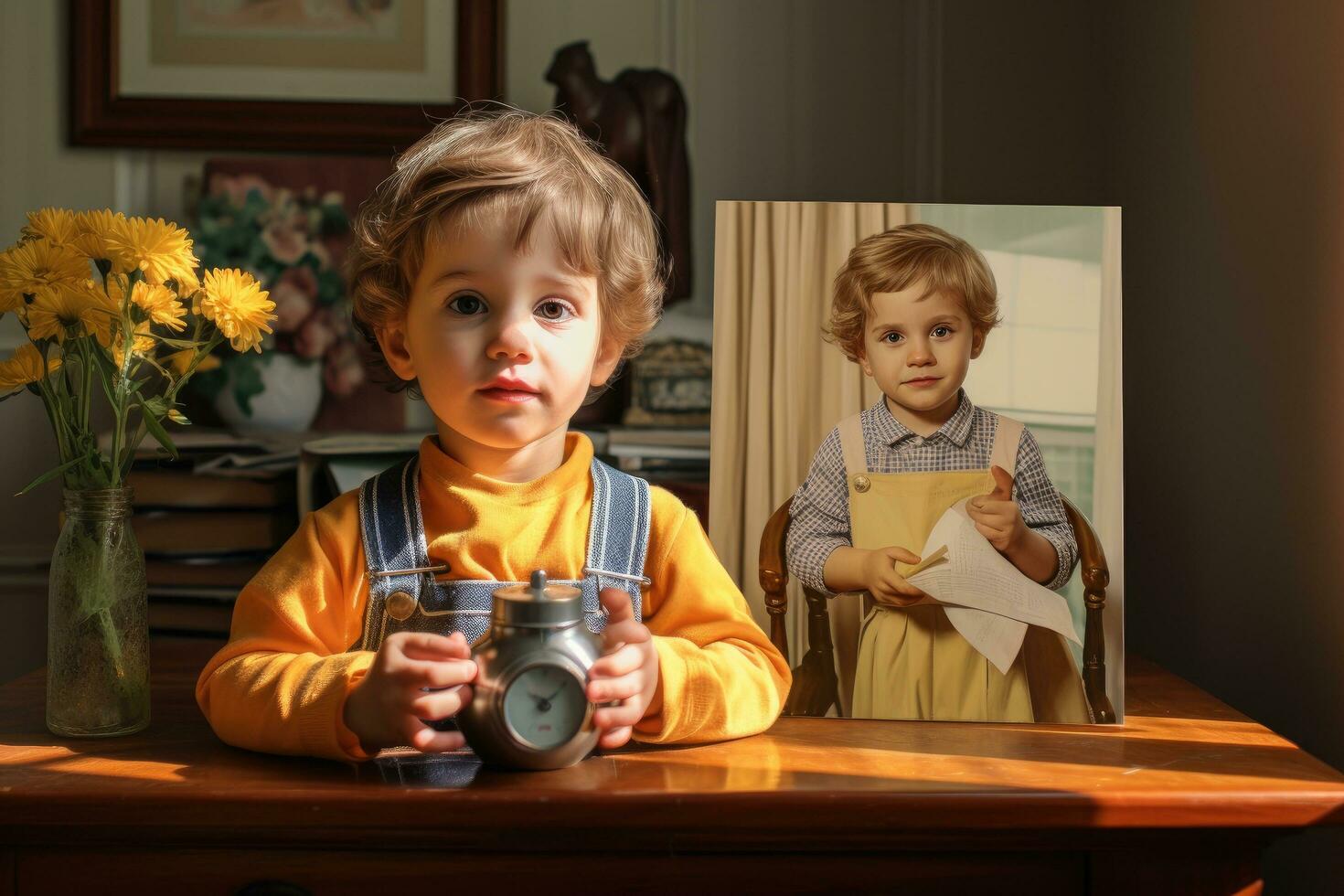 ai generado retrato de un niño con un alarma reloj y un imagen de un chico, un infancia imagen recreado por creciendo niños para mamá, ai generado foto