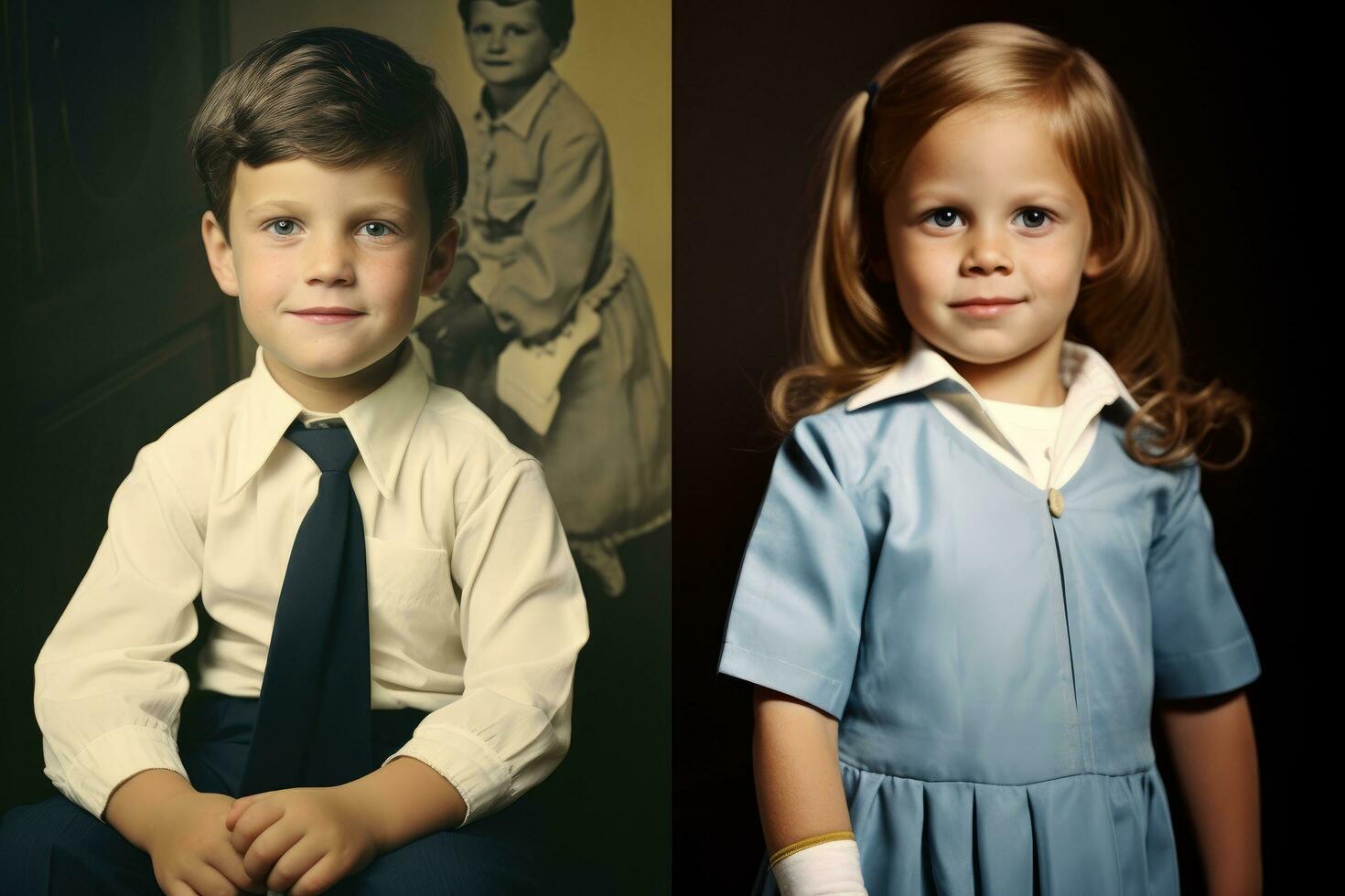 AI generated Portrait of a beautiful little boy and girl in school uniform, A childhood picture re-created by grown-up children for mom, AI Generated photo