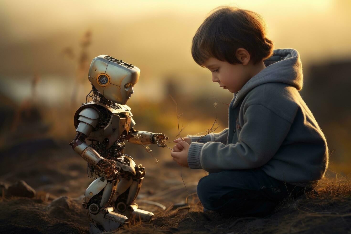 AI generated Little boy playing with a toy robot in the field at sunset, A child playing with a toy robot, AI Generated photo