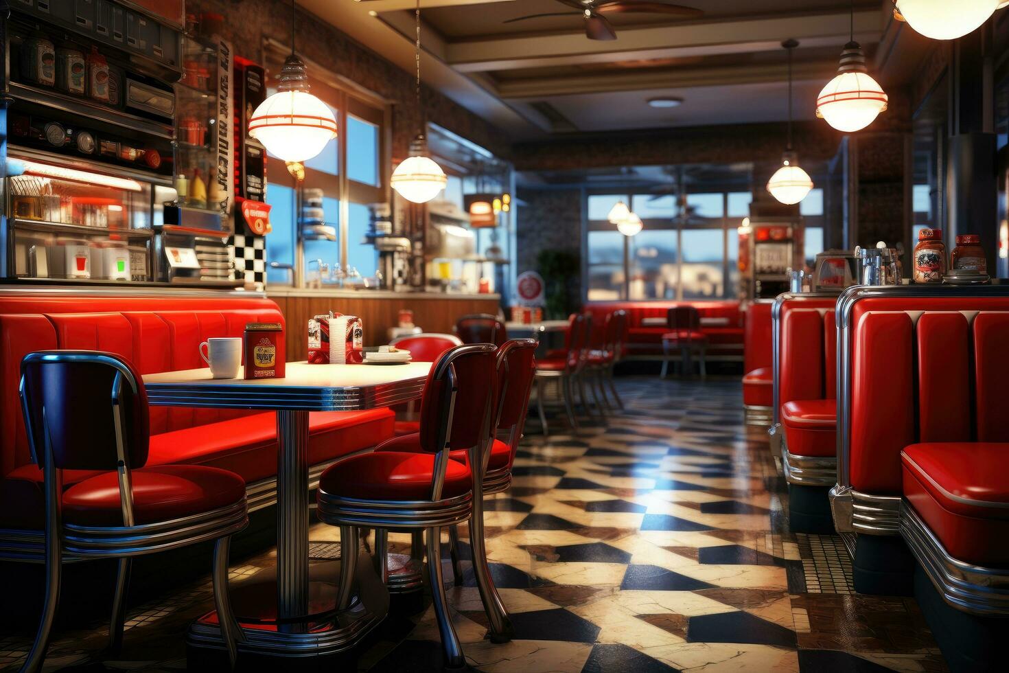 AI generated 3d rendering of a beautiful brand new european restaurant in downtown, A classic diner scene with vintage elements, AI Generated photo