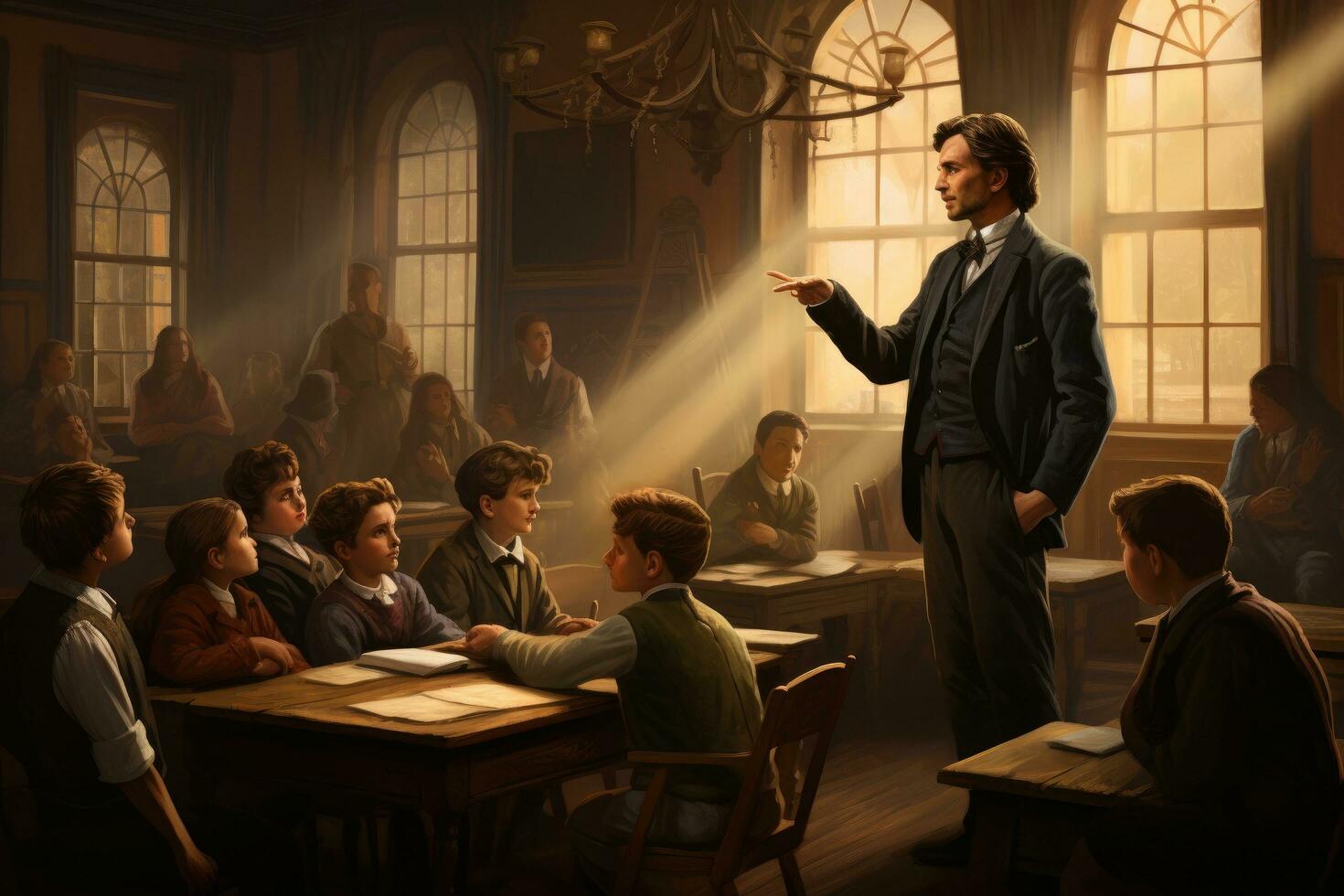 AI generated Male lecturer giving a presentation in front of a group of students, A classroom scene set in the 19th century, AI Generated photo