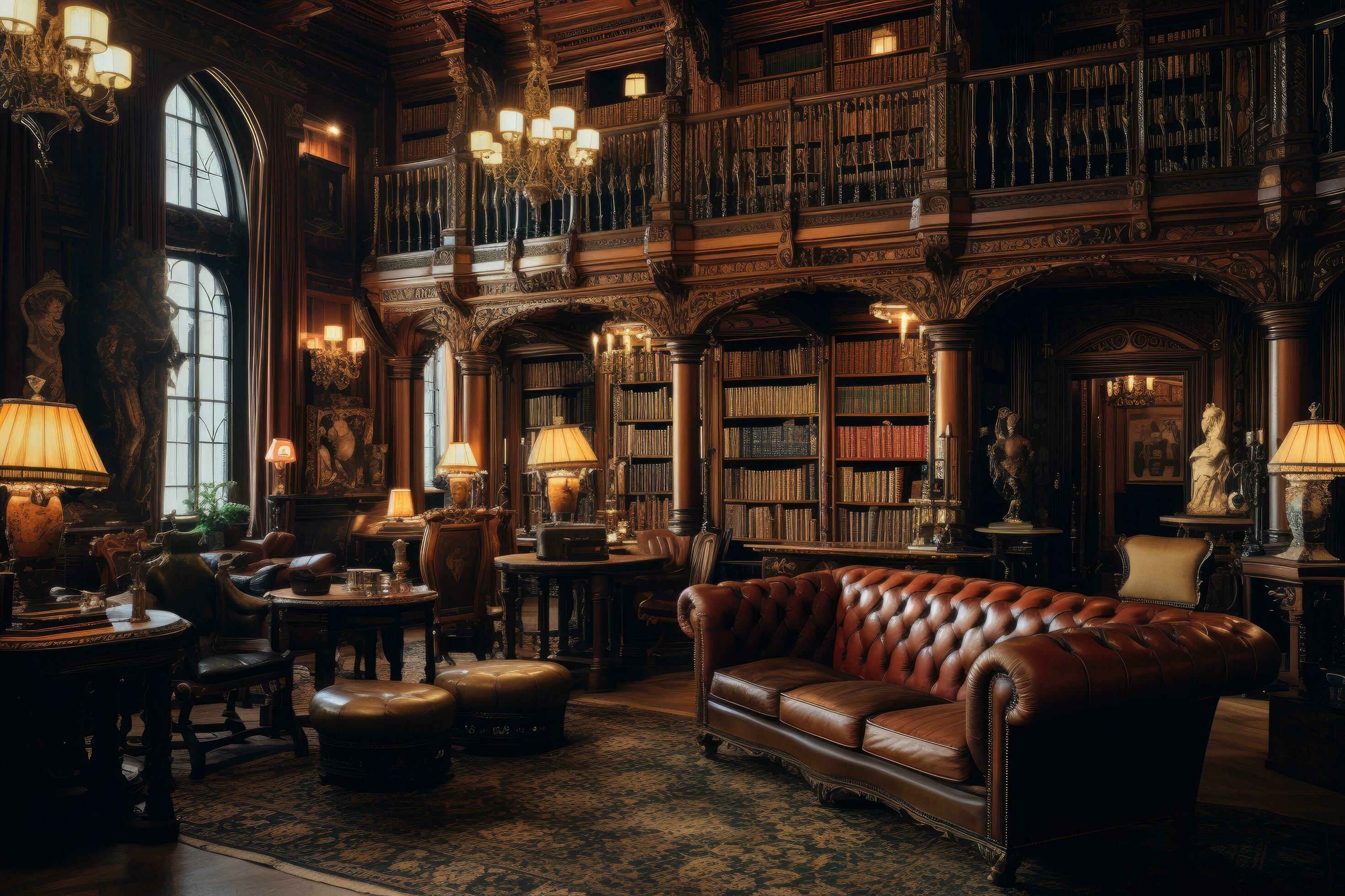 AI generated Luxury interior of the old library with furniture and