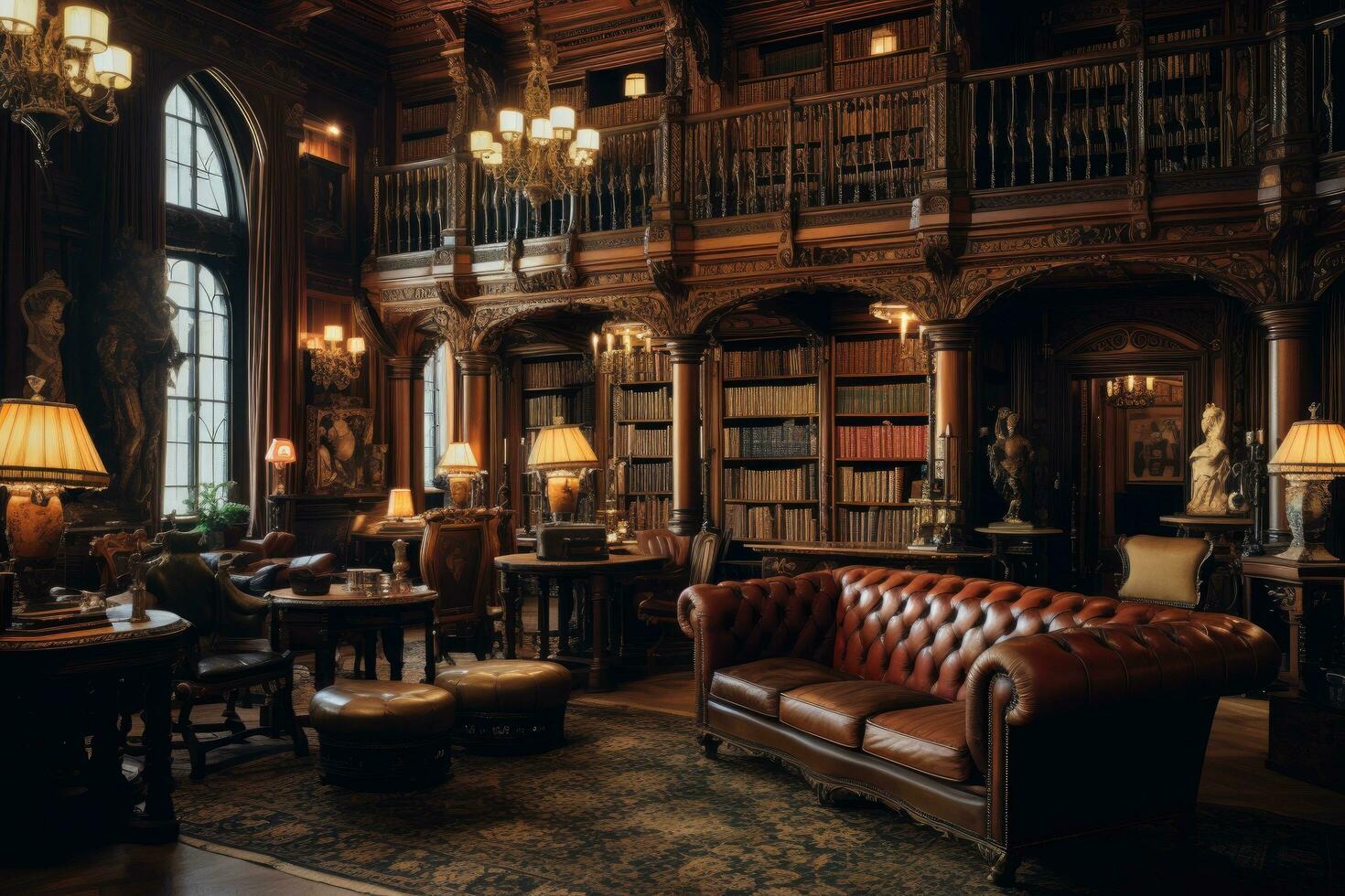 AI generated Luxury interior of the old library with furniture and books, A classic Victorian era library with leather-bound books and wooden furniture, AI Generated photo