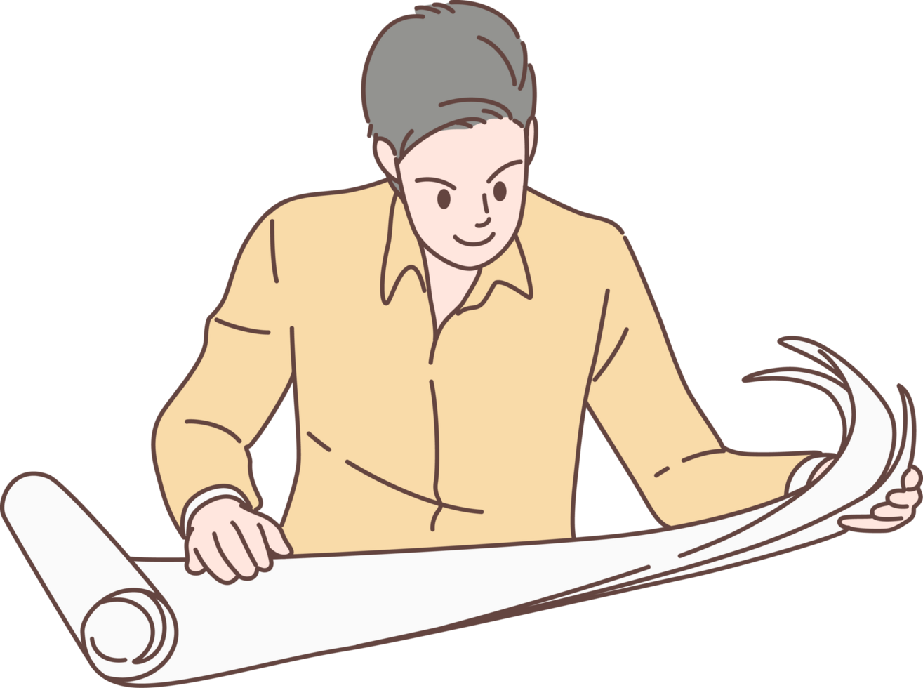 Architech engineer character drawing blueprint engineer inspection in workplace. Hand drawn style. png