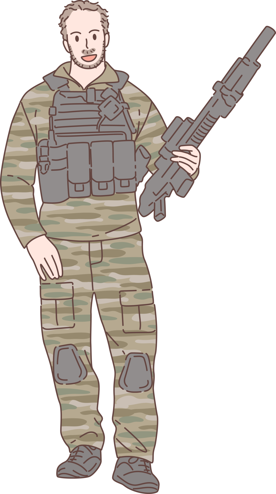 Illustration of soldier officer character, standing holding a gun. Hand ...