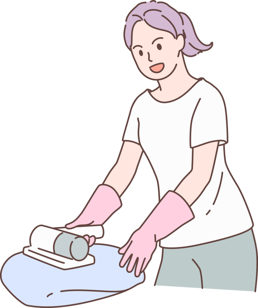 Cleaning service for housework, housekeeper character vacuum cleaner clothes at home. Hand drawn style. png