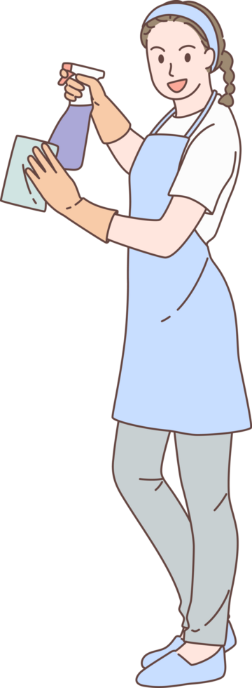 Cleaning service for housework, housekeeper character with spray bottle and rag. Hand drawn style. png