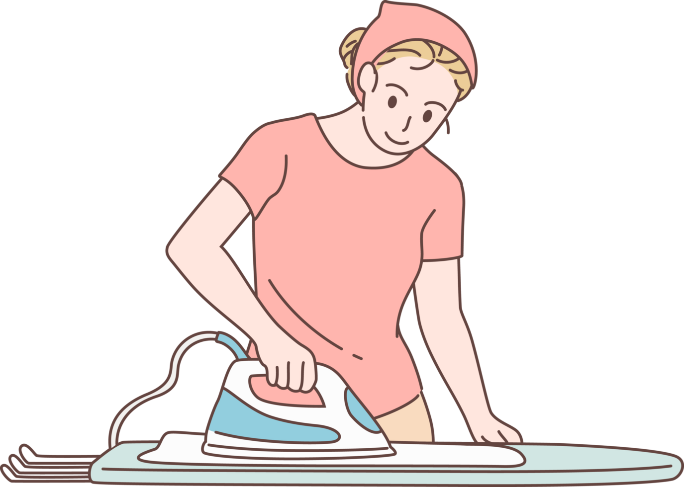 Cleaning service for housework, housekeeper character ironing clothes at home. Hand drawn style. png