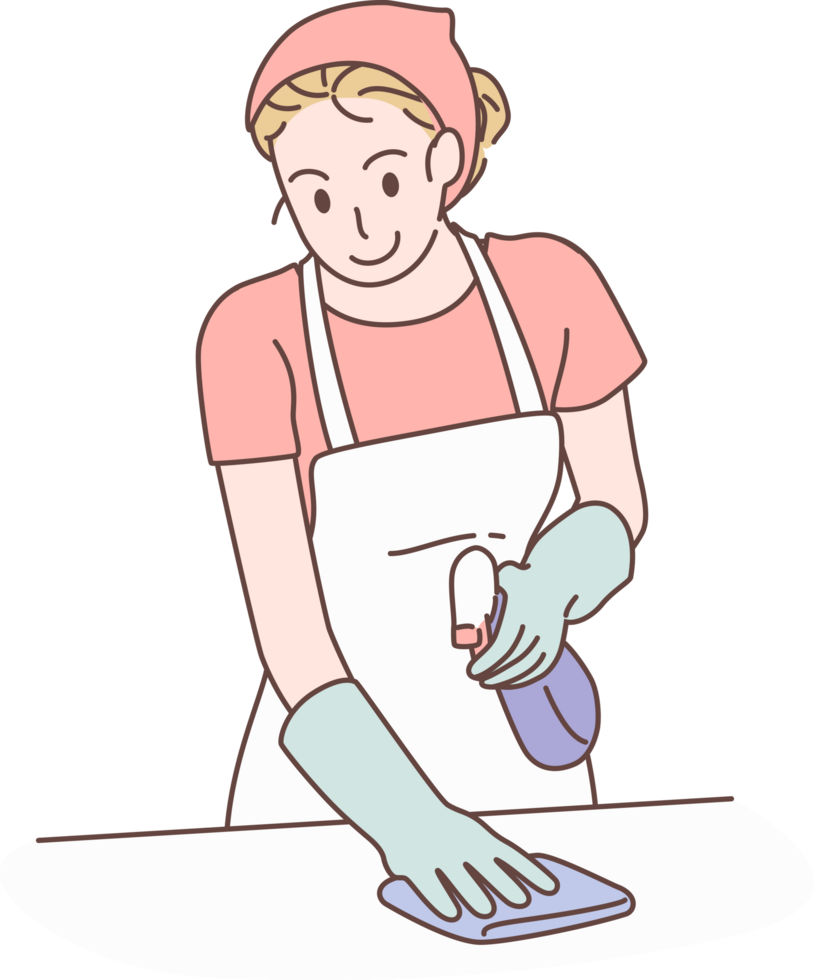Cleaning service for housework, housekeeper character with spray bottle and rag to cleaning floor. Hand drawn style. png