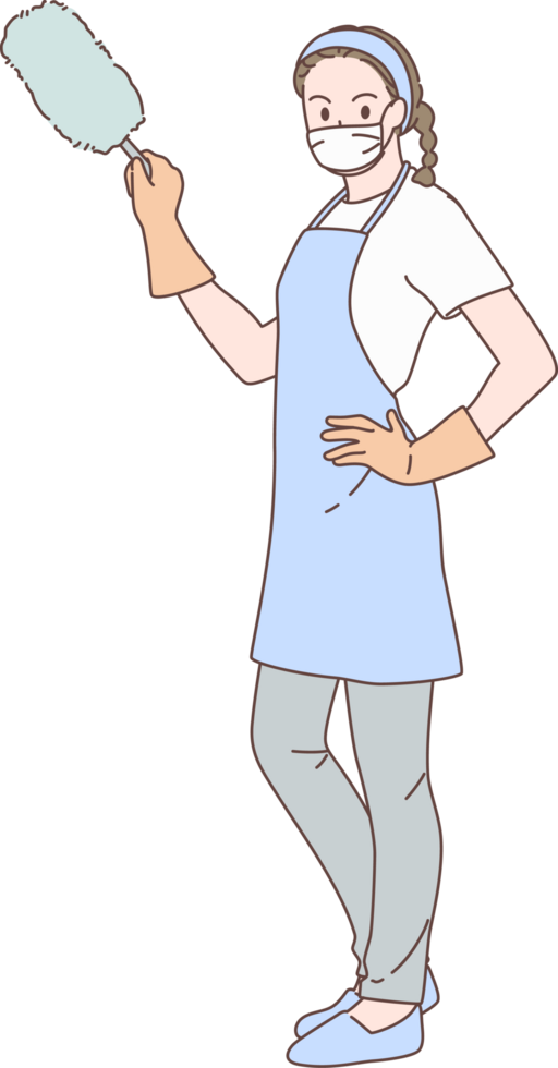 Cleaning service for housework, housekeeper character with feather duster wiping the dust. Hand drawn style. png