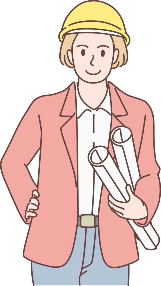 rchitech engineer woman character holding blueprint and pointing to present. Hand drawn style. png