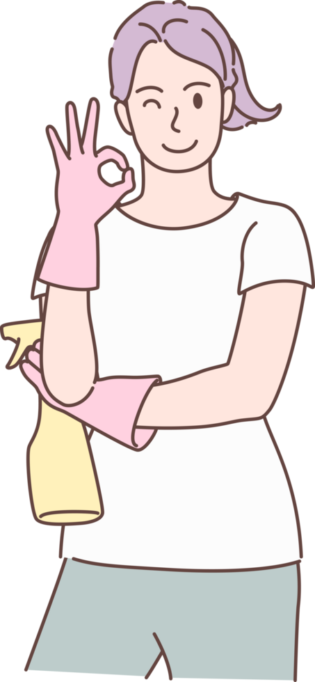 Reinigung Bedienung zum Hausarbeit, Haushälterin Charakter Pose in Ordnung Zeichen mit sprühen. Hand gezeichnet Stil. png