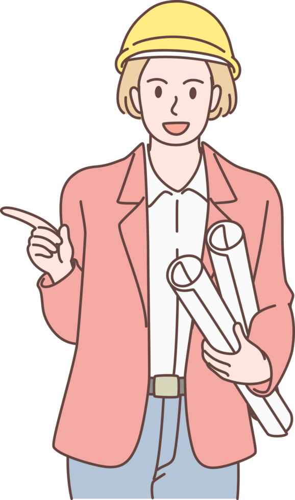 Architech engineer woman character holding blueprint and pointing to present. Hand drawn style. png