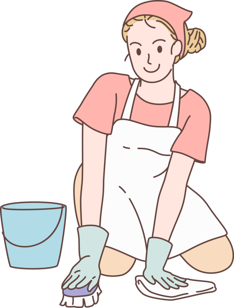 Cleaning service for housework, housekeeper character scrubs and cleans the floor in bathroom. Hand drawn style. png