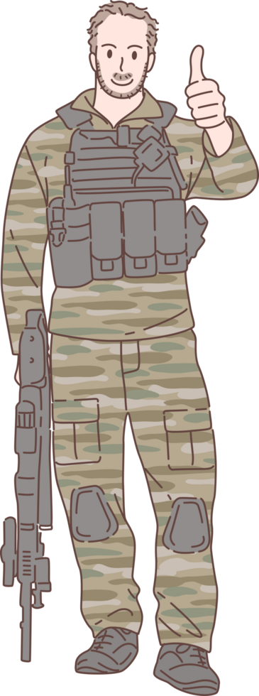 Illustration of soldier officer character, standing holding a gun and thumb up. Hand drawn style. png
