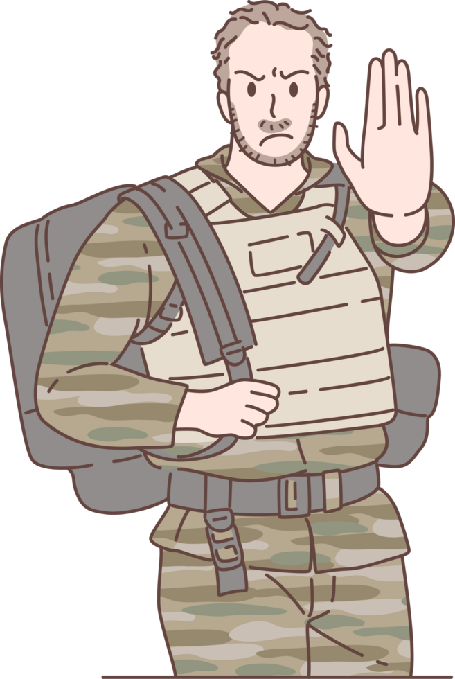Illustration of soldier character, standing and stop or warning sign. Hand drawn stype png