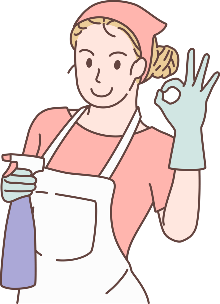 Cleaning service for housework, housekeeper character pose OK signs with spray. Hand drawn style. png