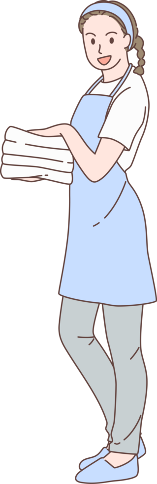 Cleaning service for housework, housekeeper character with tack of fresh towels. Hand drawn style. png