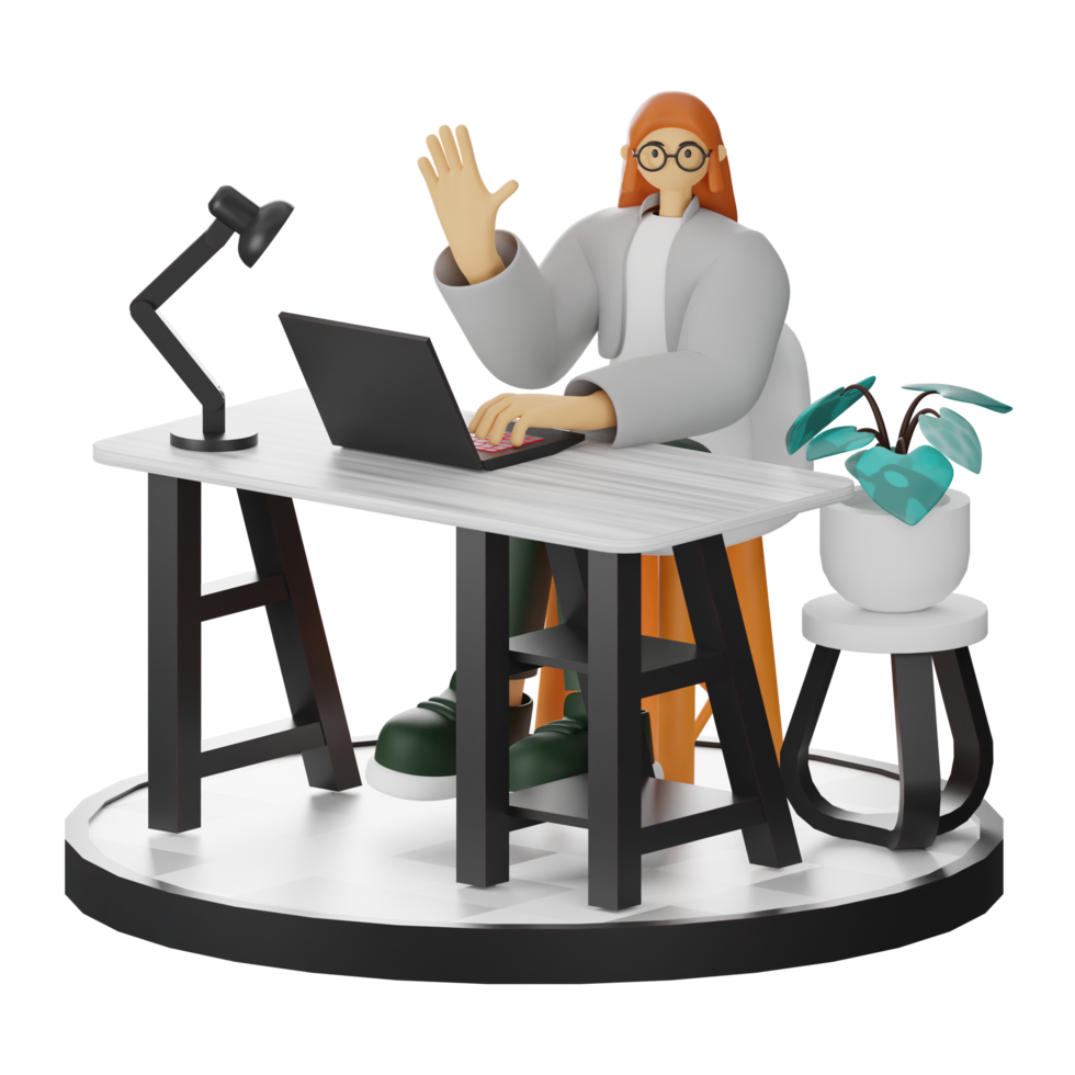 3D Illustration of a Teenage Female Programmer at the Computer Desk png