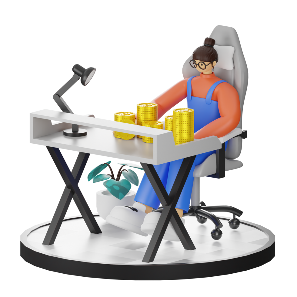 A Teenage Girl Engaged in 3D Coin Counting at the Computer Desk png