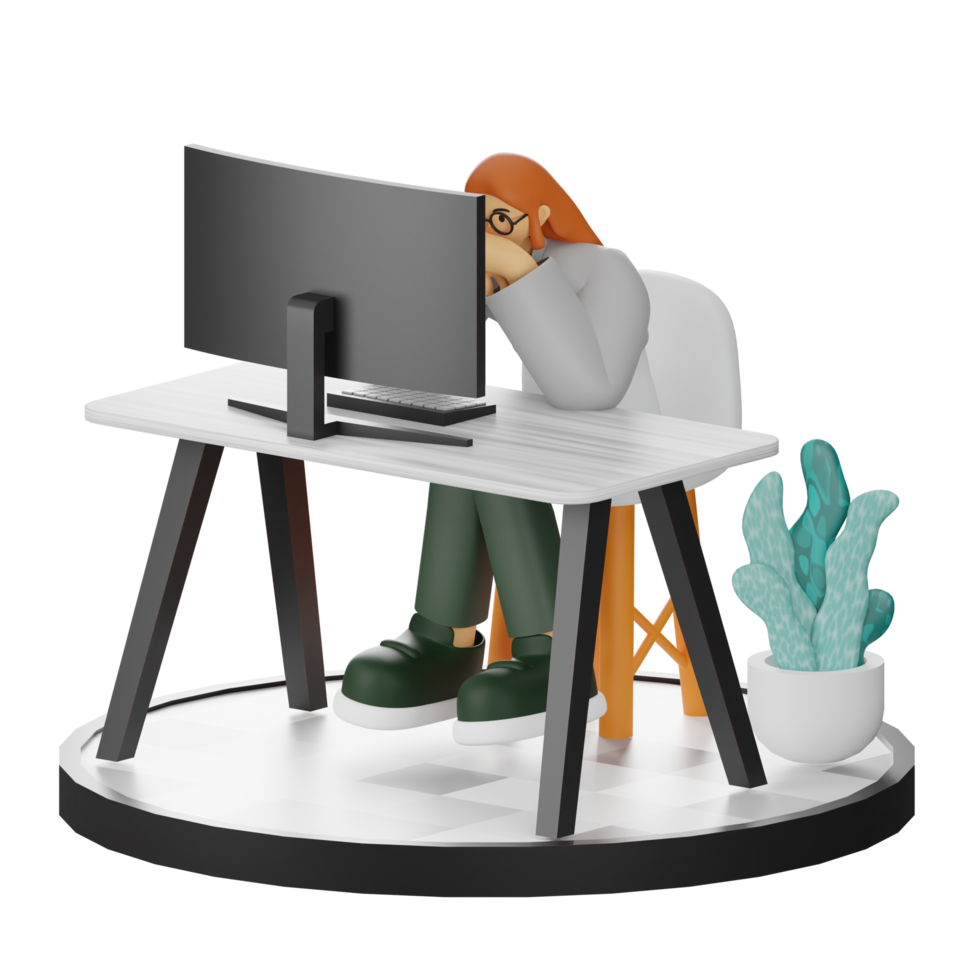 3D Illustration of a Teenage Female Programmer at the Computer Desk png